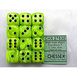 Zestaw kości Chessex 16mm K6 with pips Dice Blocks - Vortex Bright Green (12 sztuk)