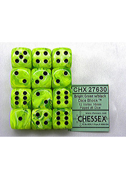 Zestaw kości Chessex 16mm K6 with pips Dice Blocks - Vortex Bright Green (12 sztuk)