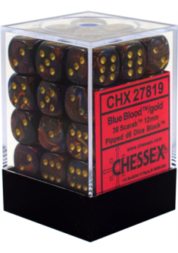 Zestaw kości Chessex 12mm K6 Scarab Blue Blood w/gold (36 sztuk)