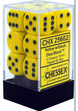 Zestaw kości Chessex Opaque 16mm d6 with pips Dice Blocks (12 Dice) - Yellow w/black