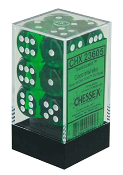 Zestaw kości Chessex Translucent 16mm d6 with pips Dice Blocks (12 Dice) - Green w/white