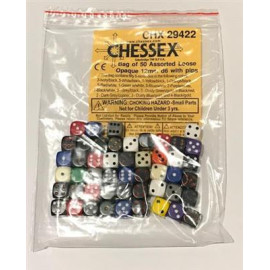 Zestaw kości Chessex Opaque Bags of 50 Asst. Dice - Loose Opaque 12mm d6 w/pips Dice