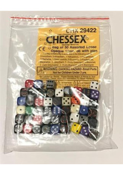 Zestaw kości Chessex Opaque Bags of 50 Asst. Dice - Loose Opaque 12mm d6 w/pips Dice