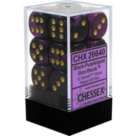 Zestaw kości Chessex Gemini 16mm d6 with pips Dice Blocks (12 Dice) - Black-Purple w/gold