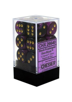 Zestaw kości Chessex Gemini 16mm d6 with pips Dice Blocks (12 Dice) - Black-Purple w/gold