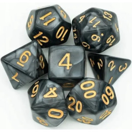 Zestaw kości RPG - Perłowe - Czarne (złote cyfry)