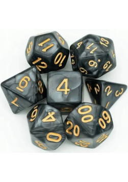 Zestaw kości RPG - Perłowe - Czarne (złote cyfry)