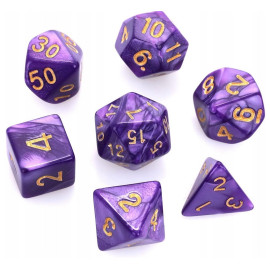 Zestaw kości RPG - Perłowe - Fioletowe (złote cyfry)