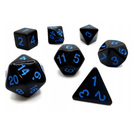 Zestaw kości REBEL RPG - Matowe - Czarne (niebieskie cyfry)