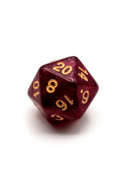 Kość K20 - brokatowa ciemnoróżowa (złote cyfry)